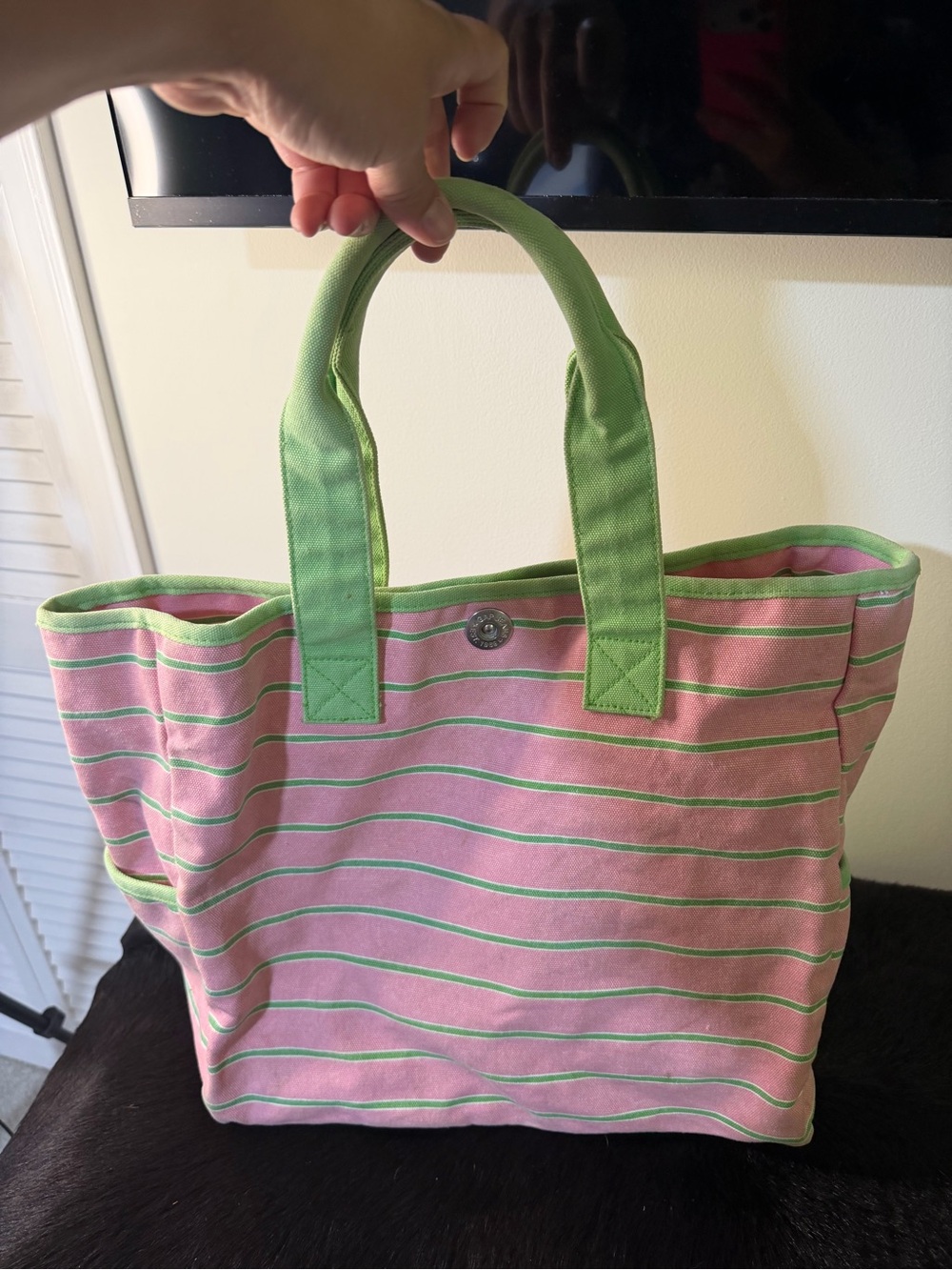 GAP Pink and Lime Green Striped Canvas Tote